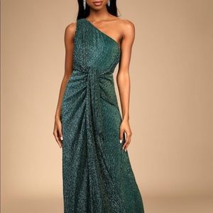Lulus Teal metallic one shoulder gown